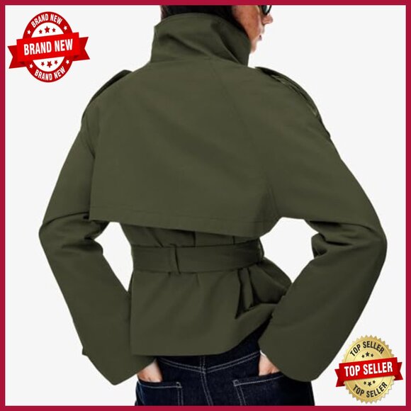 Cropped Trench Coat Double Breasted Belted Jacket Fall Winter Outerwear - Picture 4 of 6